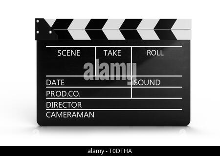 3d illustration of closed movie clapper or clapperboard isolated on white background. Black film clapper with fields for your text. The subject of the Stock Photo