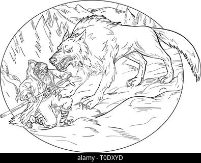 Drawing sketch style illustration of Norse god, Odin, god of wisdom and war, being attacked by Fenrir, a monstrous wolf in Norse mythology . Stock Vector