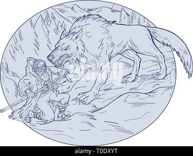 Drawing sketch style illustration of Norse god, Odin, god of wisdom and war, being attacked by Fenrir, a monstrous wolf in Norse mythology set inside Stock Vector