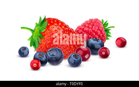 Pile of different wild berries isolated on white background with clipping path. Various type of berry fruits, collection Stock Photo