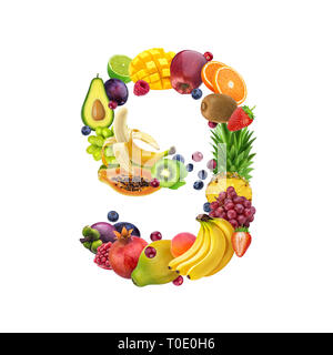 Number nine made of different fruits and berries, fruit alphabet