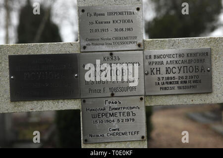 Grave of Russian prince Felix Yusupov (1887-1967) at the Russian Cemetery in Sainte-Geneviève-des-Bois (Cimetière russe de Sainte-Geneviève-des-Bois) near Paris, France. He is best known for participating in the assassination of Grigori Rasputin. His mother Princess Zinaida Yusupova and his spouse Princess Irina Alexandrovna of the Romanov Dynasty are also buried here among other relatives. Stock Photo