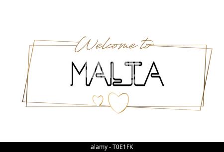 Malta Welcome to text Neon lettering typography. Word for logotype, badge, icon, card, postcard, logo, banner with Wired Golden Frames and Hearts Desi Stock Vector