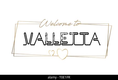 Valletta Welcome to text Neon lettering typography. Word for logotype, badge, icon, card, postcard, logo, banner with Wired Golden Frames and Hearts D Stock Vector