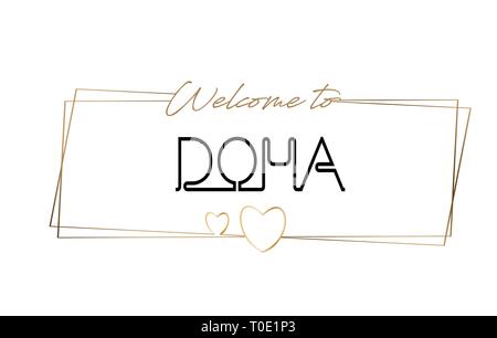 Doha Welcome to text Neon lettering typography. Word for logotype, badge, icon, card, postcard, logo, banner with Wired Golden Frames and Hearts Desig Stock Vector