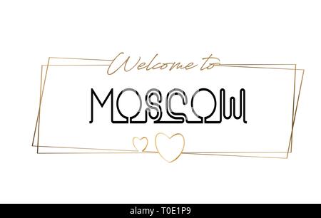 Moscow Welcome to text Neon lettering typography. Word for logotype, badge, icon, card, postcard, logo, banner with Wired Golden Frames and Hearts Des Stock Vector