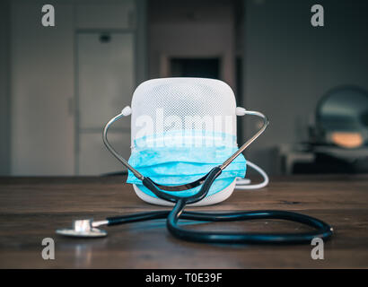 Smart speaker with e-health concept. Online doctor using AI. Stock Photo
