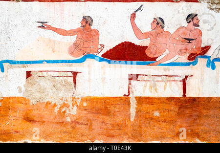 Paestum, ancient frescoes in the tomb of the diver Stock Photo