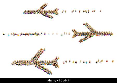 Crowd of small symbolic figures forming airplanes shape, 3d illustration, horizontal, isolated, over white Stock Photo