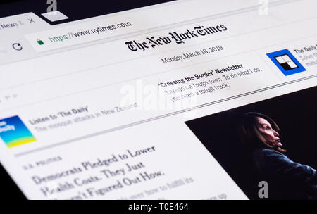 The New York Times (NYT) news website front page for the online version of the American Newspaper.