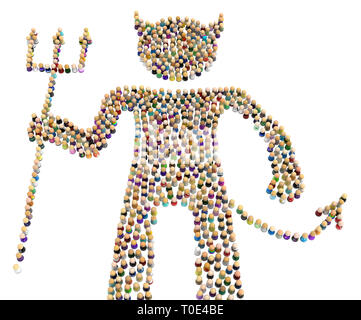 Crowd of small symbolic figures forming big person shape devil, 3d illustration, horizontal, isolated, over white Stock Photo