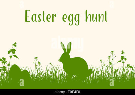 Easter green background with silhouettes of rabbit, grass and eggs. Easter egg hunt. Stock Photo