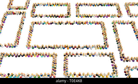 Crowd of small symbolic figures forming frame shapes, 3d illustration, horizontal, isolated, over white Stock Photo