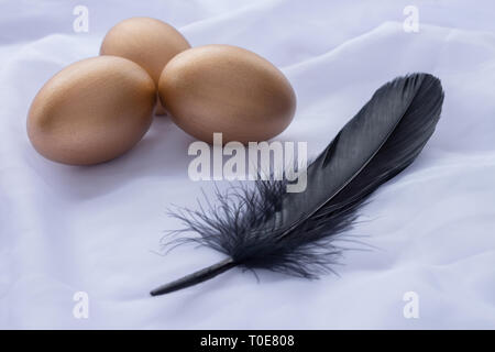 Three golden Easter eggs with one black feather laying on white linen Stock Photo