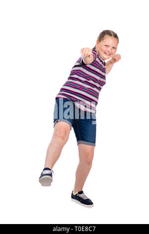 Strong stout smiling girl in an attacking boxing rack. Isolation on a white. Stock Photo