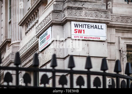 Downing Street & Whitehall SW1 Street Signs London - Whitehall is at the heart of the City of Westminster Government District in Central London Stock Photo