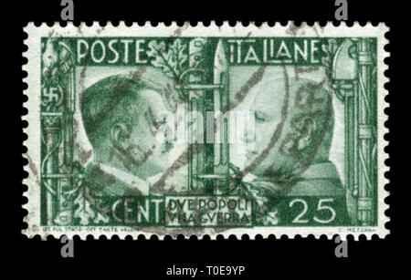 Italian historical stamp: German-Italian brotherhood in arms, Portraits of Hitler and Mussolini with symbols of the Nazi and fascist regime, Italy Stock Photo