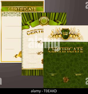 Set of elegant templates of diploma lace ornament, ribbon, wax seal, shield, laurel wreath, drapery fabric, place for text. Stock Vector