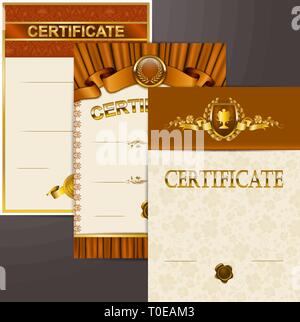 Set of elegant templates of diploma lace ornament, ribbon, wax seal, shield, laurel wreath, drapery fabric, place for text. Stock Vector