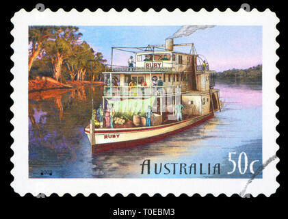 AUSTRALIA - CIRCA 2003: A Stamp printed in AUSTRALIA shows an image of Wooden river shipping on value at 50 cent, circa 2003. Stock Photo