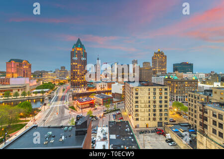 Milwaukee, Wisconsin, USA downtown city skyline from above at twilight. Stock Photo