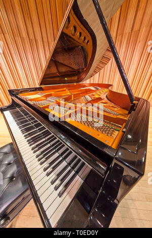 A grand piano with cover raised revealing piano interior. Stock Photo