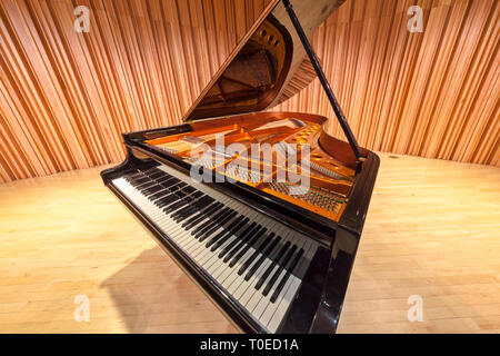 A grand piano with cover raised revealing piano interior. Stock Photo