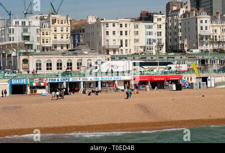 Cafes on the seafront of the seaside town of Brighton, Sussex, England. Stock Photo