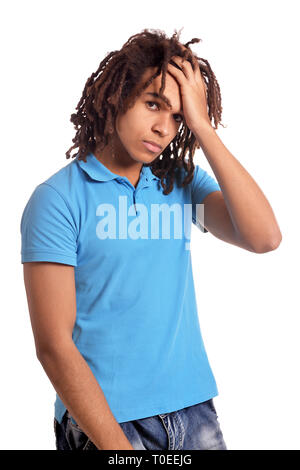 Young man with headache against white background Stock Photo