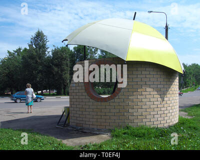 Vyazma, Russia, July 12, 2014: Bus stop in the form of an umbrella, Vyazma, Smolensk region Stock Photo
