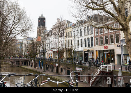 View on the inner city of Utrecht with canals, shops and mansion houses, the Netherlands Stock Photo