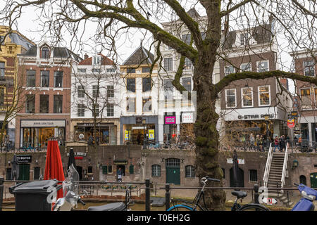 View on the inner city of Utrecht with canals, shops and mansion houses,. Netherlands Stock Photo