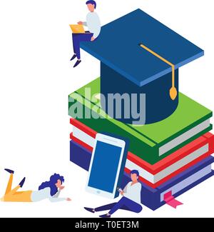 pile text books with smartphone and mini people vector illustration design Stock Vector