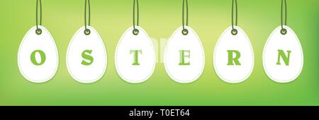 white hanging easter eggs with easter typography isolated on green background vector illustration EPS10 Stock Vector