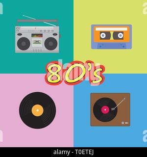 Vintage 80s cassette audio and vinyl record player Stock Vector