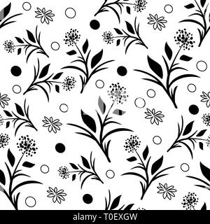Black and white dandelions and polka dots vector pattern Stock Vector