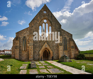 WWII firebombed Nave of Royal Garrison Church Portsmouth with Chancel visible through the Nave's arch. Image taken on Spring Equinox. Stock Photo