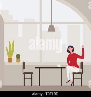 Young slim beautiful girl sits on a high bar stool in a cafe with stunning panoramic views of Barcelona. Siesta break with a cup of fragrant Stock Vector