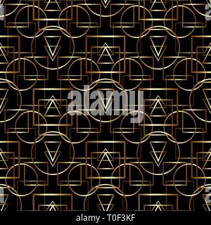 Golden geometric seamless pattern on black background. Stock Vector