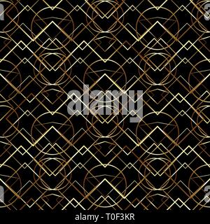 Golden geometric seamless pattern on black background. Stock Vector