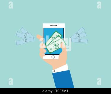 Mobile payment concept. Vector of a business man holding smartphone with credit card financial data paying for services Stock Vector