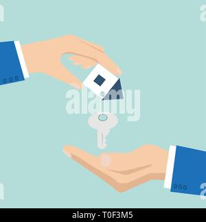 Vector of a house key with small house key ring given from one hand to another on a light blue background Stock Vector