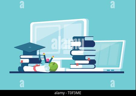 Vector concept for distance education, online learning with pile of book; computer; diploma and graduation cap Stock Vector