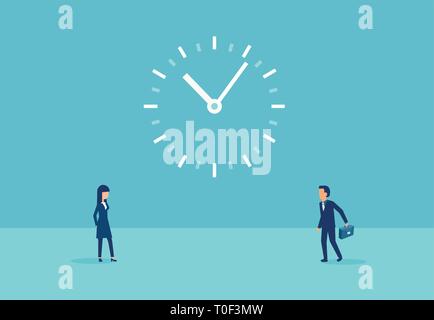 Vector of a businessman with a briefcases and a woman and a big clock between. Time management concept Stock Vector