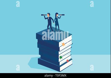 Vector of a businessman and businesswoman looking through a spyglass in opposite direction standing on stack of books. Business vision and education c Stock Vector