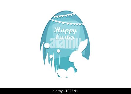 Paper cut vector of easter rabbit, grass, flowers and blue egg shape on white background. Happy easter greeting card template Stock Vector