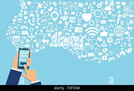 Vector of a business man hand using multiple smartphone apps browsing network and social media Stock Vector