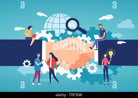 Partnership business collaboration and modern technology concept. Vector of entrepreneurs and freelance community members team working on a handshake  Stock Vector