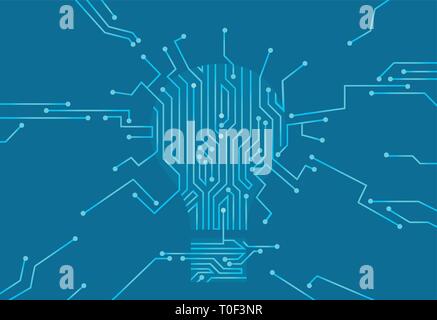 Vector of a light bulb silhouette made of circuit board isolated on blue background. Stock Vector