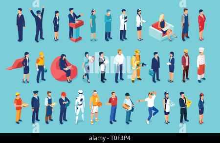 Vector of different people of blue collar and white collar professions hospital staff, surgeon, doctor, nurse, freelancers, businesswoman and business Stock Vector